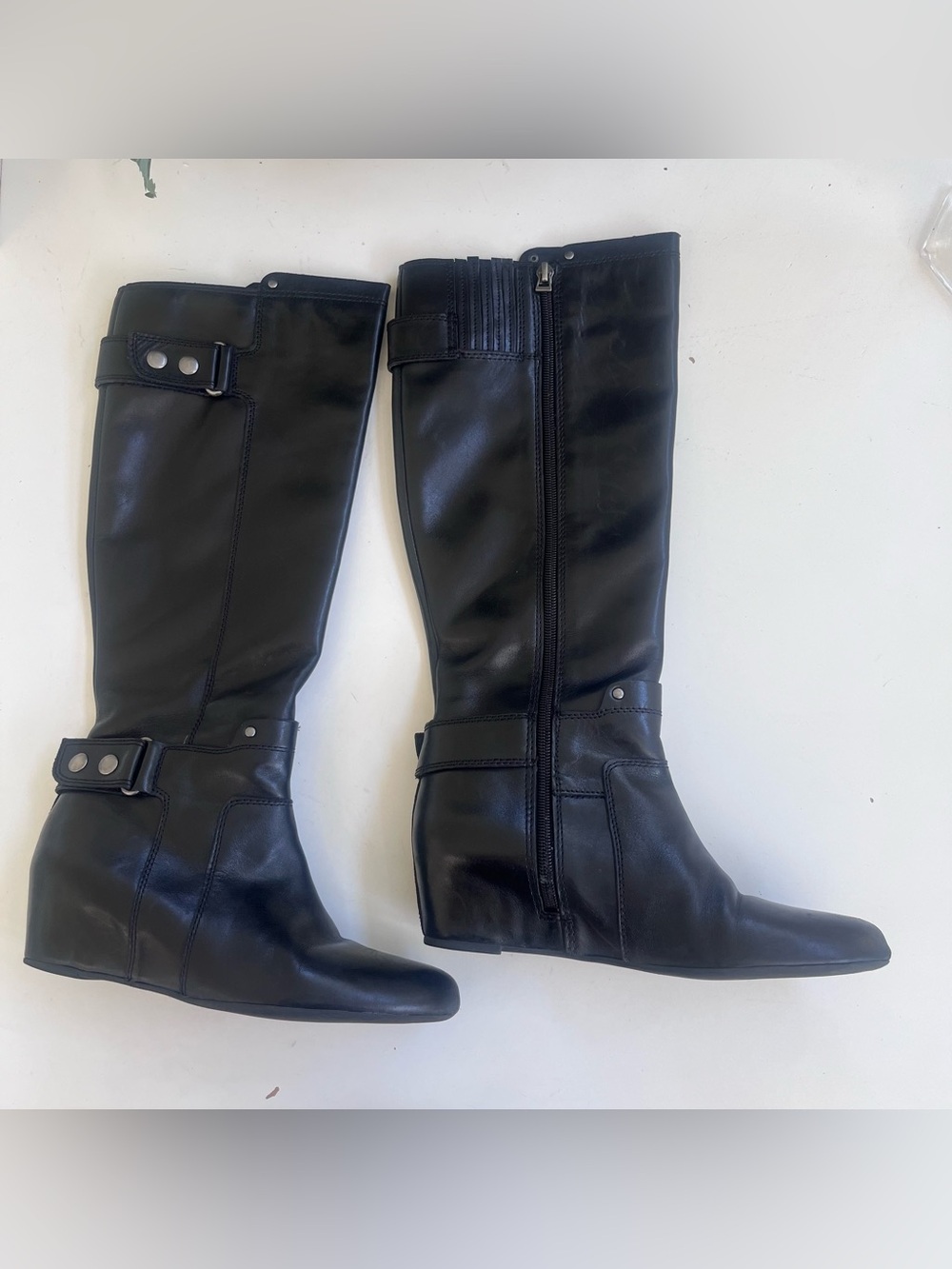 Franco Sarto 7.5M Tall Black Boots wedge Almond Toe Buckle Detail Side Zipper
